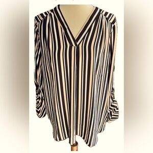 Jones New York striped v neck long sleeve blouse career XL black cream tan